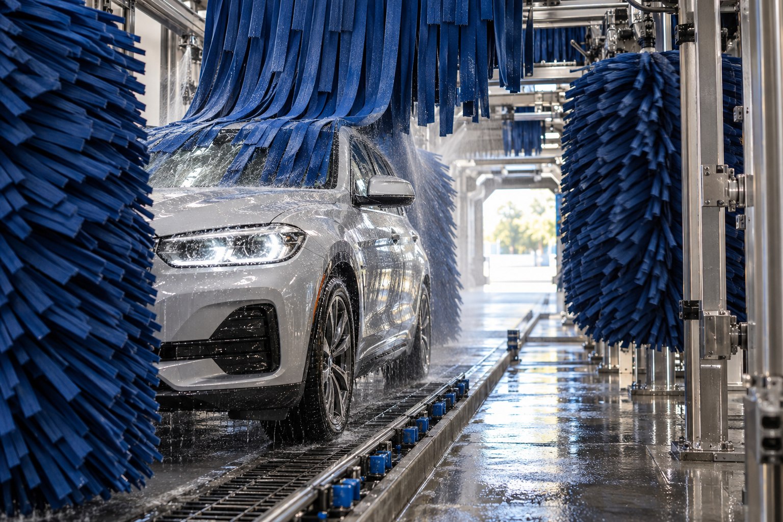 Illustrative car wash tunnel with navy cloth brushes and a silver vehicle