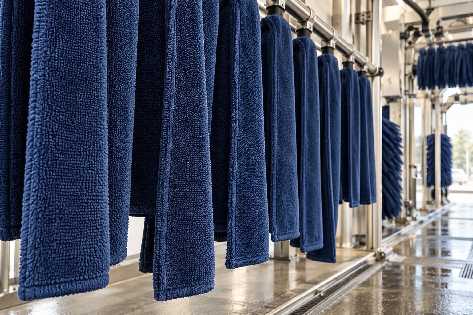 Illustrative navy mitter curtain cloth inside a car wash